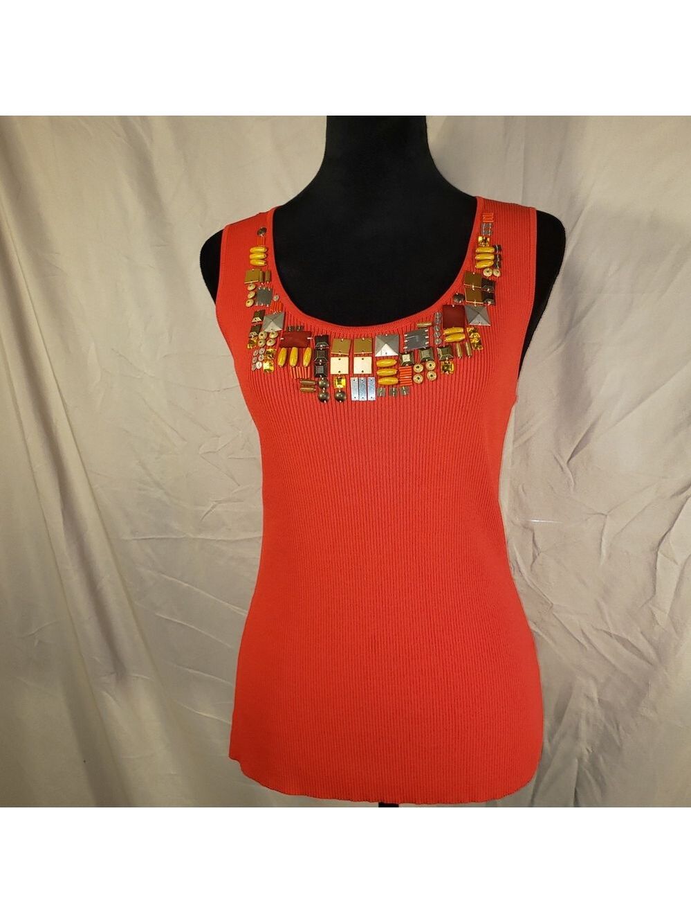 Ruby Rd. Coral Embellished Ribbed Tank - M